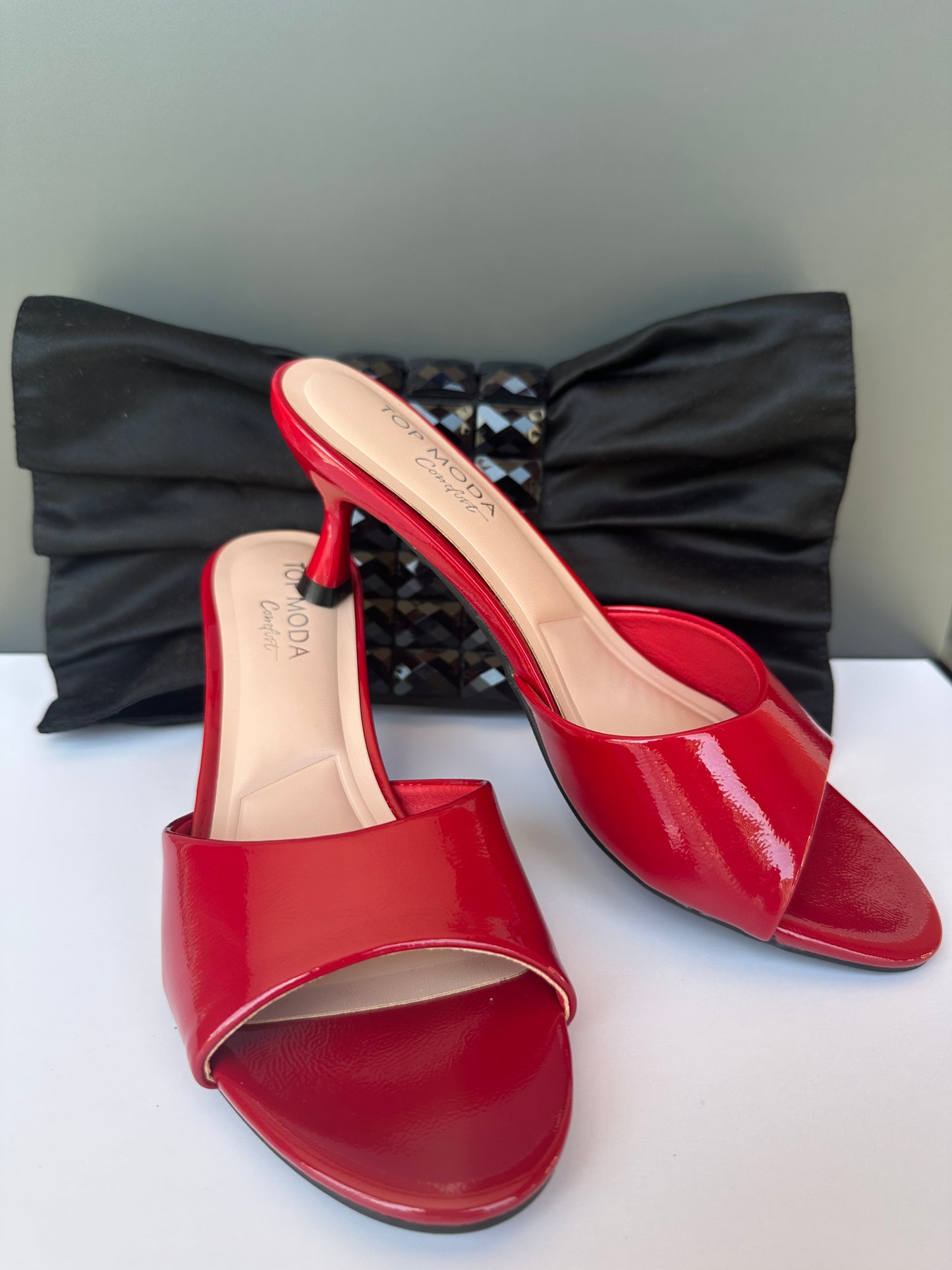 Angie Open Toe Kitten Heel Mules - RED - Women’s Dress Shoes