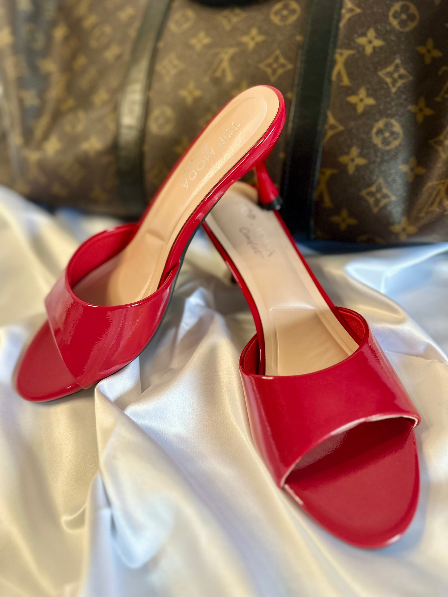 Angie Open Toe Kitten Heel Mules - RED - Women’s Dress Shoes