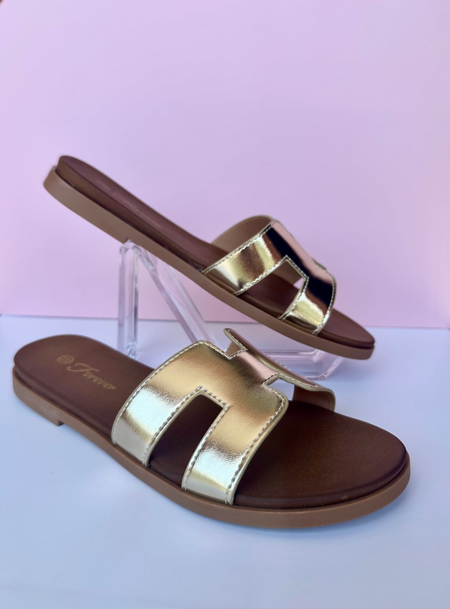 Lucy Women’s H-Style Flat Slide Sandals – Casual Summer Slip-On Shoes - Metallic Gold - Women’s Dress Shoes