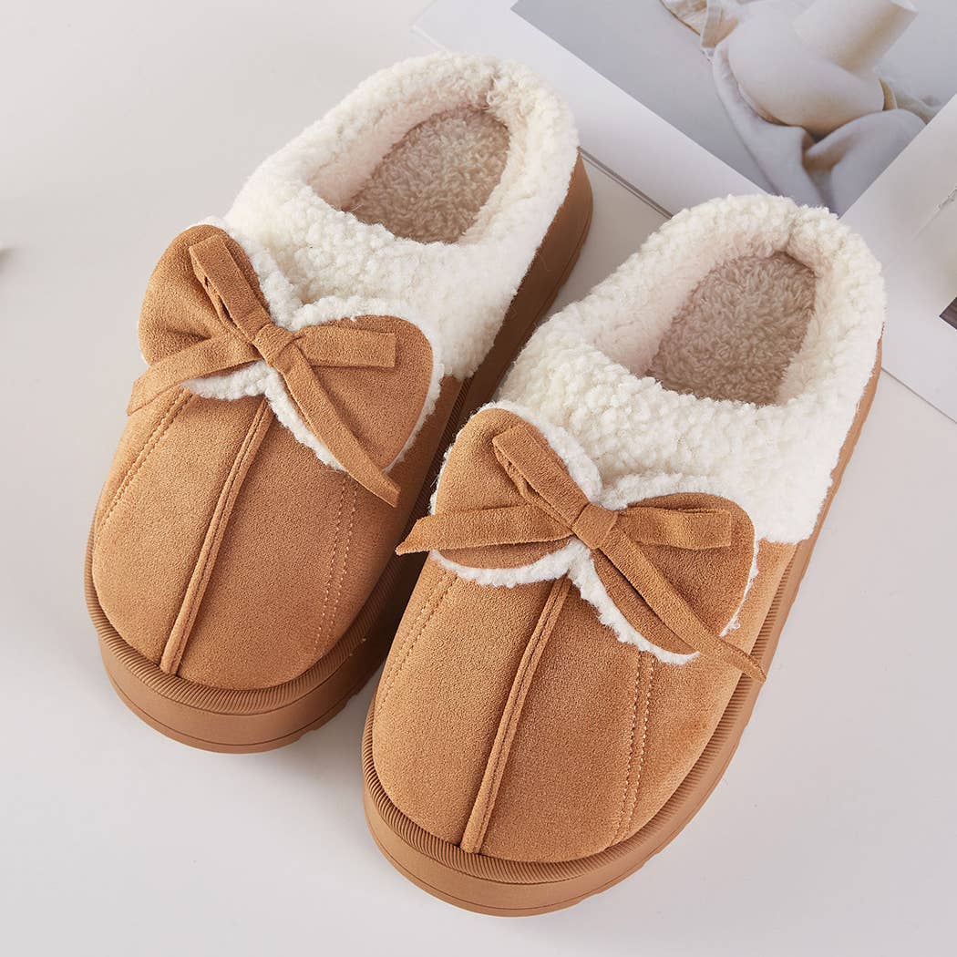Cozy Faux Fur Lined Bow Indoor Slippers: CAMEL / ONE SIZE