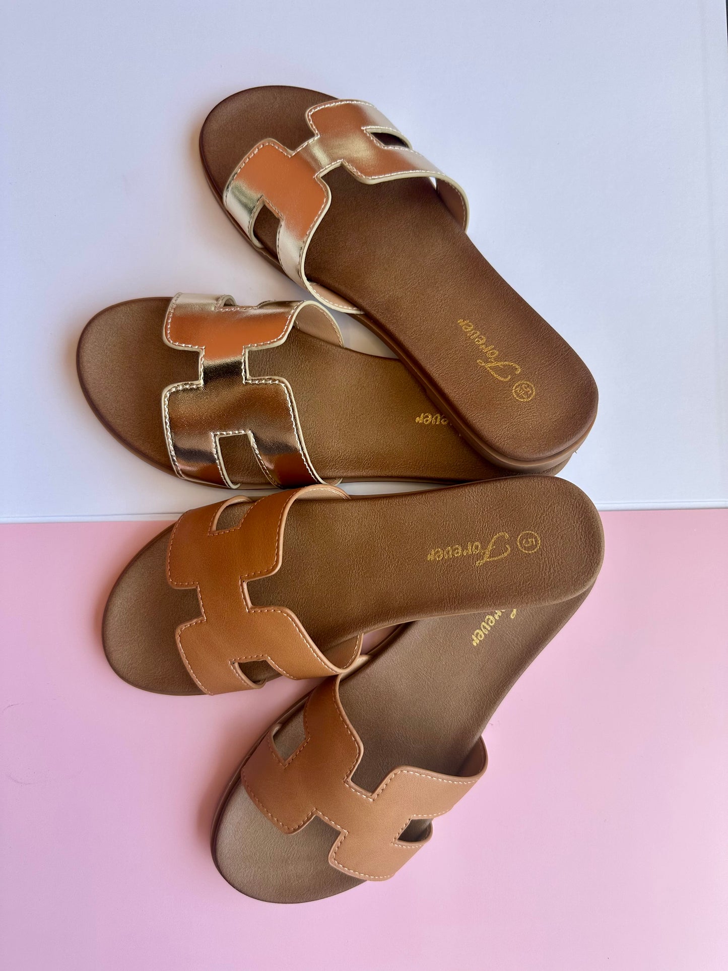 Lucy Women’s H-Style Flat Slide Sandals – Casual Summer Slip-On Shoes - Tan - Women’s Dress Shoes