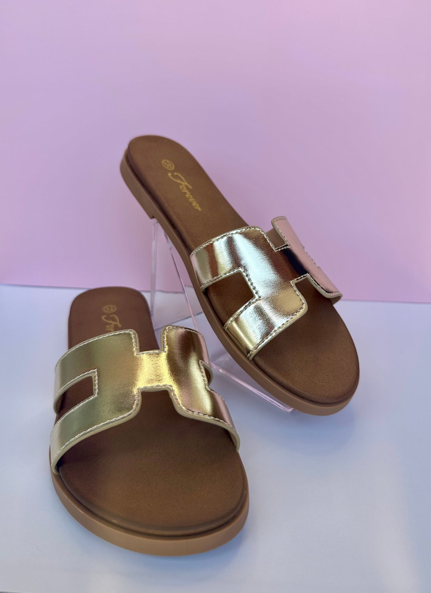 Lucy Women’s H-Style Flat Slide Sandals – Casual Summer Slip-On Shoes - Metallic Gold - Women’s Dress Shoes