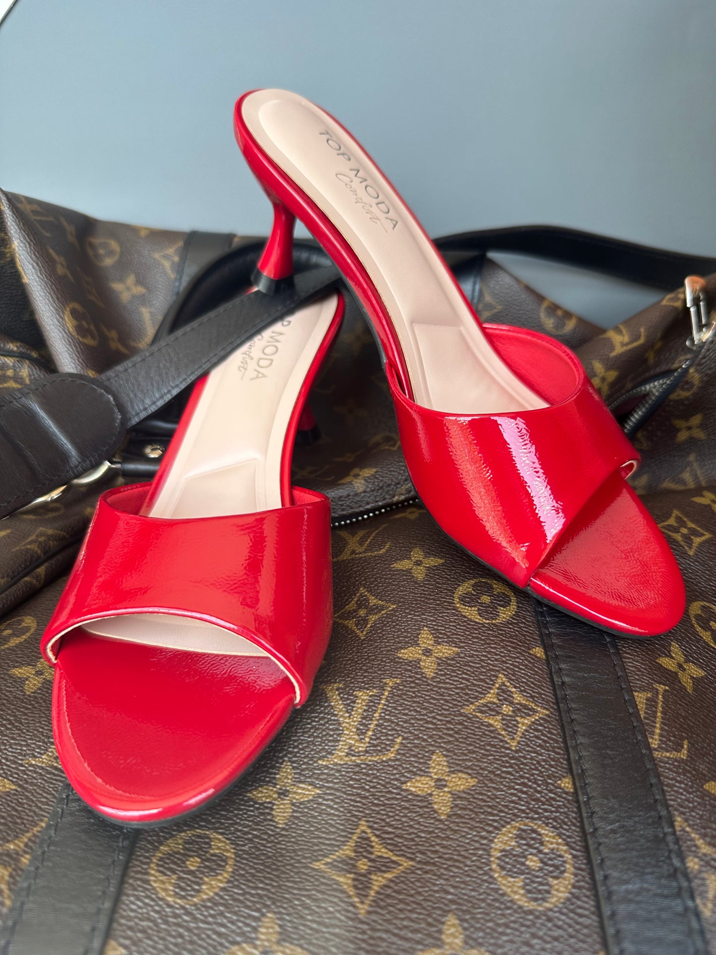 Angie Open Toe Kitten Heel Mules - RED - Women’s Dress Shoes