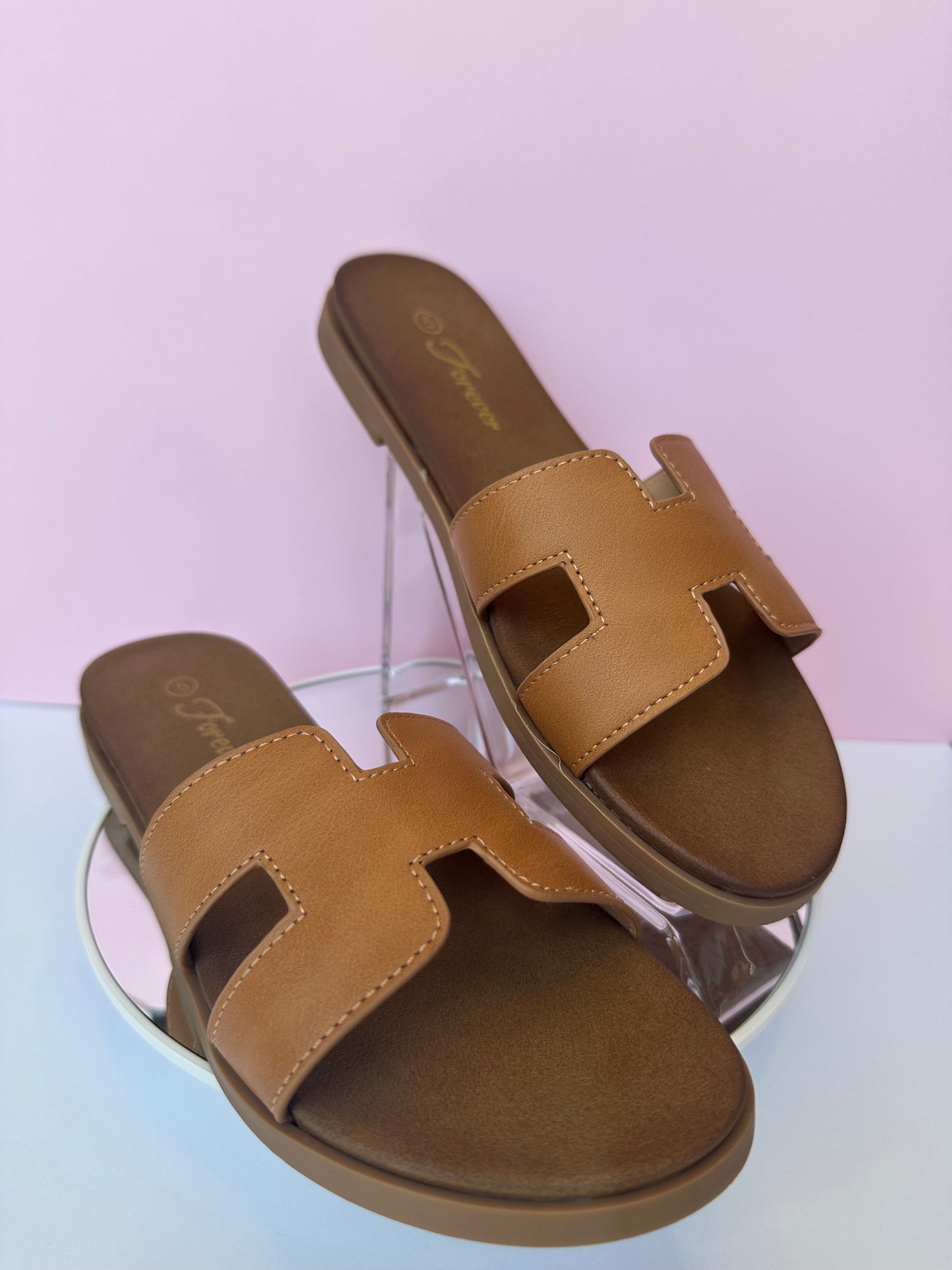 Lucy Women’s H-Style Flat Slide Sandals – Casual Summer Slip-On Shoes - Tan - Women’s Dress Shoes