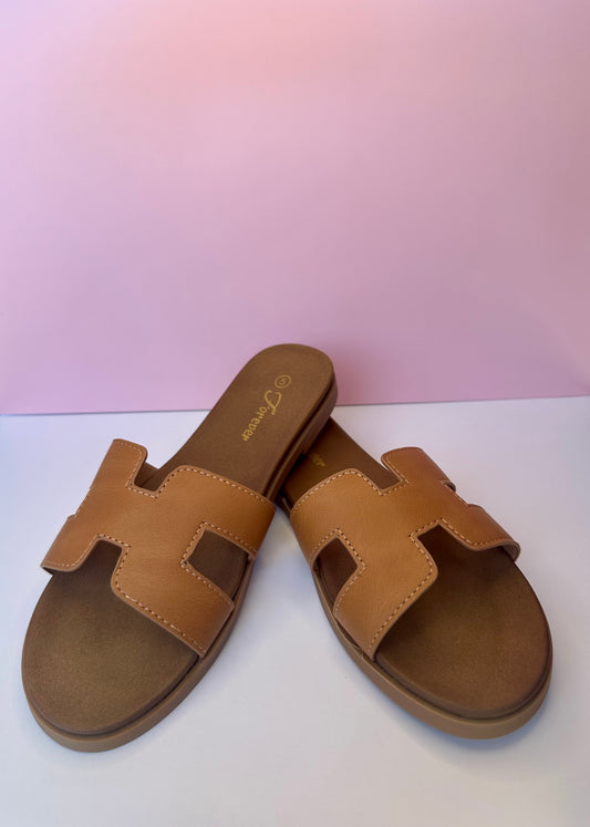 Lucy Women’s H-Style Flat Slide Sandals – Casual Summer Slip-On Shoes - Tan - Women’s Dress Shoes