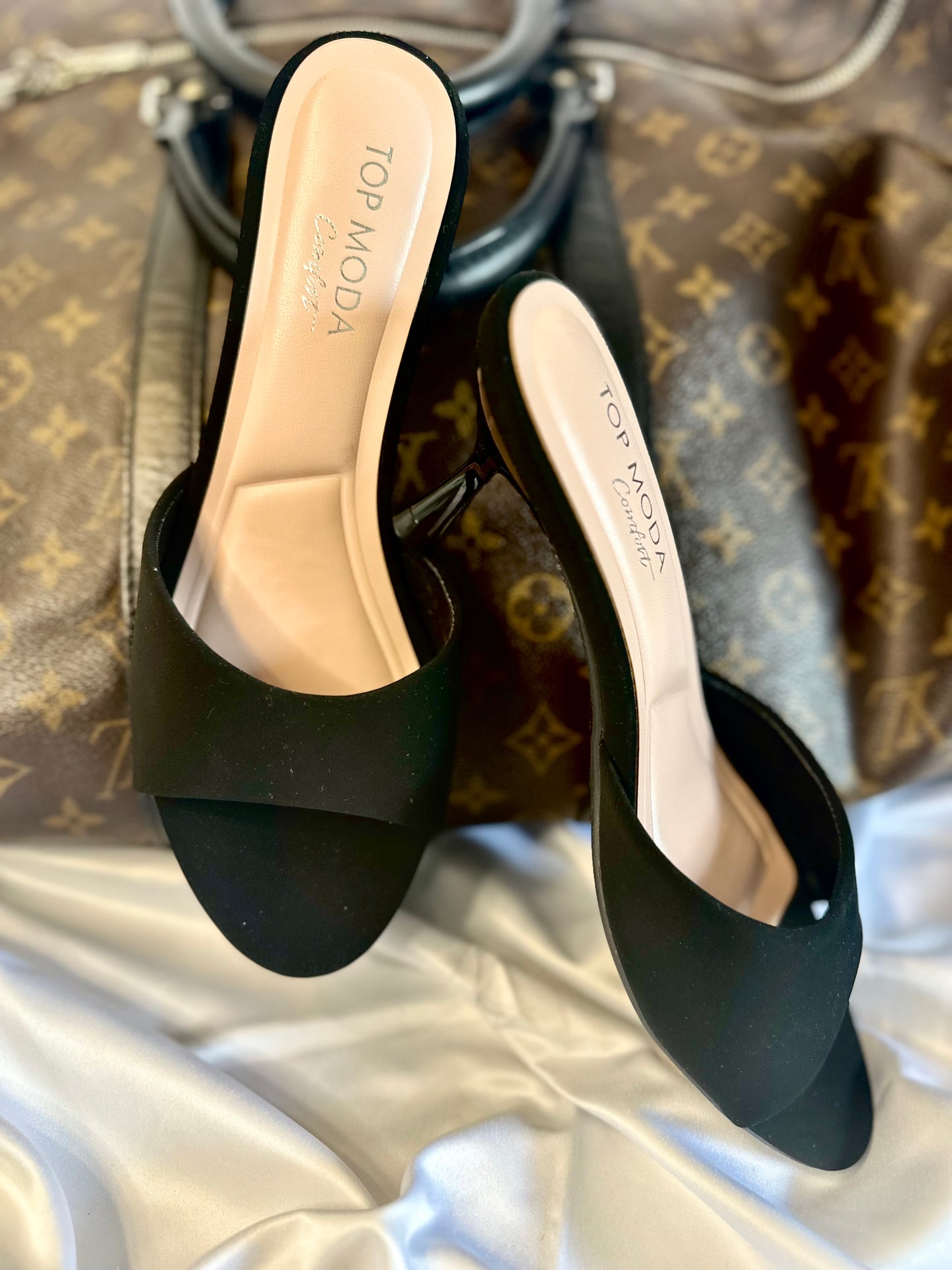 Angie Open Toe Kitten Heel Mules - BLACK - Women’s Dress Shoes